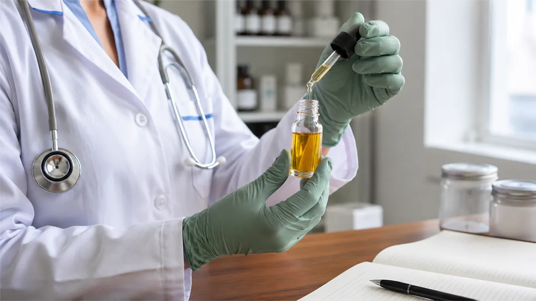 Doctor measuring drops of medical cannabis oil into a bottle