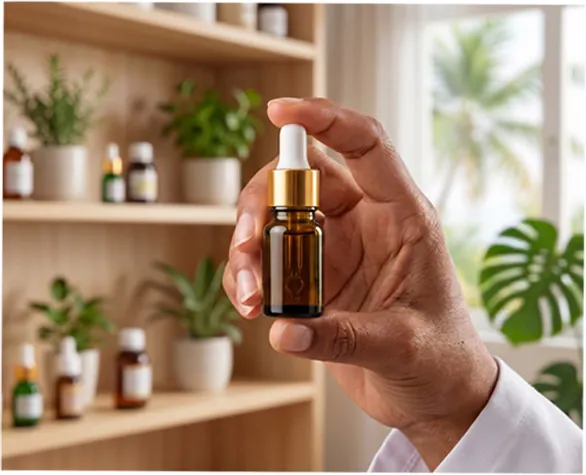 Hand holding a dropper bottle of medical cannabis oil