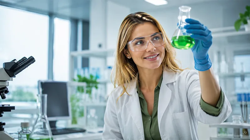 Lab professional analyzing a sample in an Erlenmeyer flask