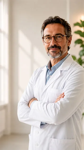 Médico de jaleco branco, com os braços cruzados, sorrindo
