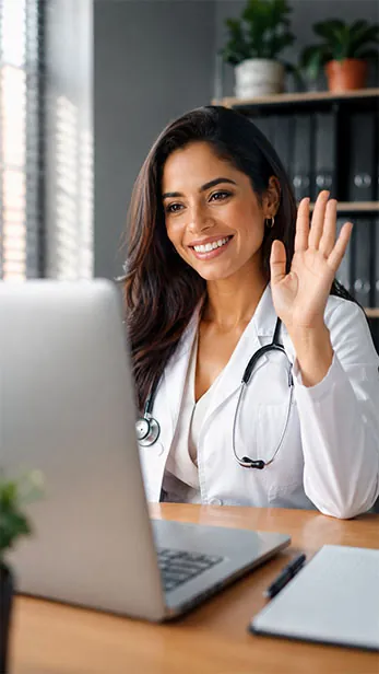 Médica de jaleco branco acenando para notebook durante chamada de vídeo