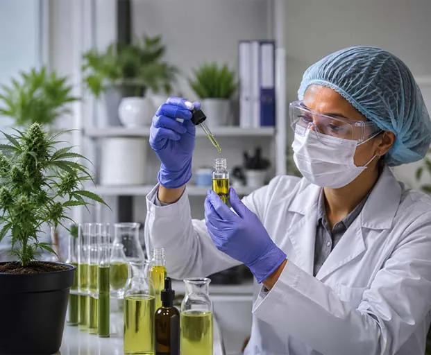 Profissional de laboratório usando conta-gotas em frasco de óleo