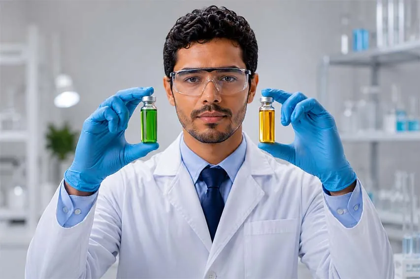 Profissional segurando dois frascos com óleo de Cannabis medicinal