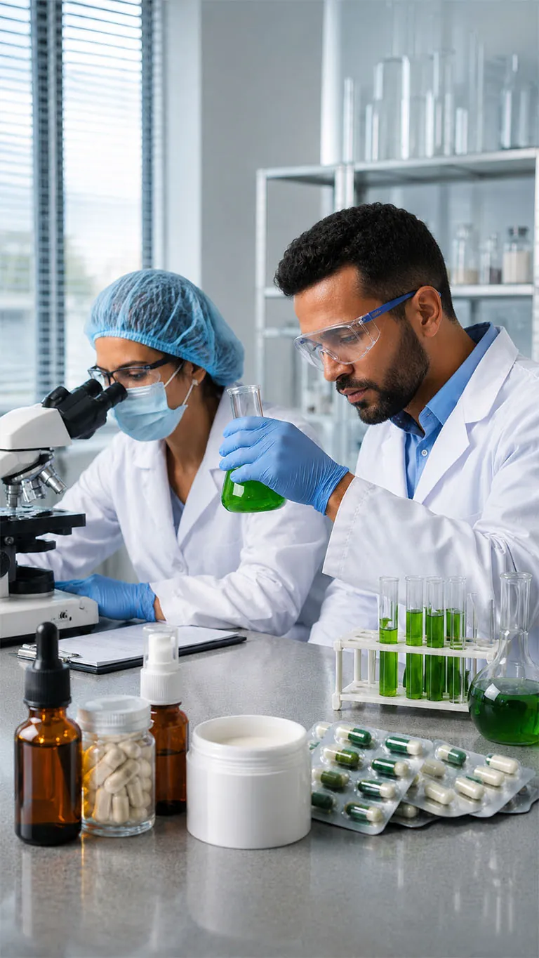 Dois profissionais de laboratório analisando amostra em frasco com líquido verde