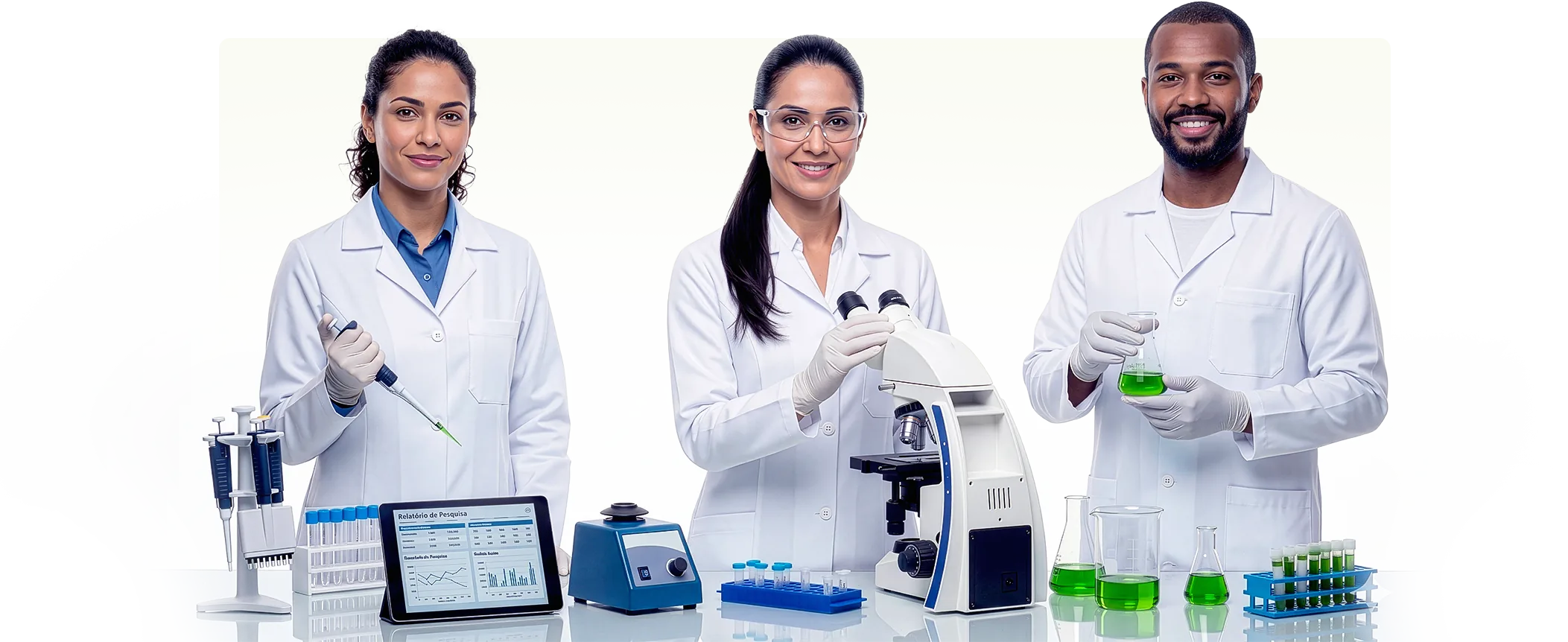 Três profissionais de laboratório com jaleco branco, cercados de equipamentos científicos